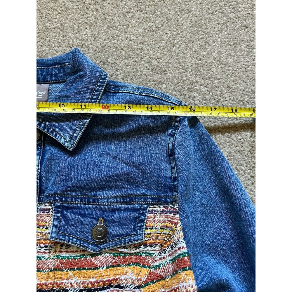Chicos Woven Striped Mixed Media Denim Jacket Multi Color Trucker Blue Womens M - Picture 6 of 9
